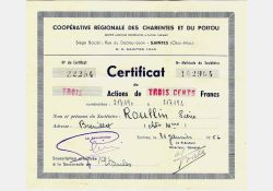 Certificat actions Coopérative régionale des Charentes et du Poitou, Saintes, 1956 / Visuel : D.R.