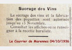 Le courrier de Marennes, 4 octobre 1936 - Sucrage du vin / Visuel : D.R.
